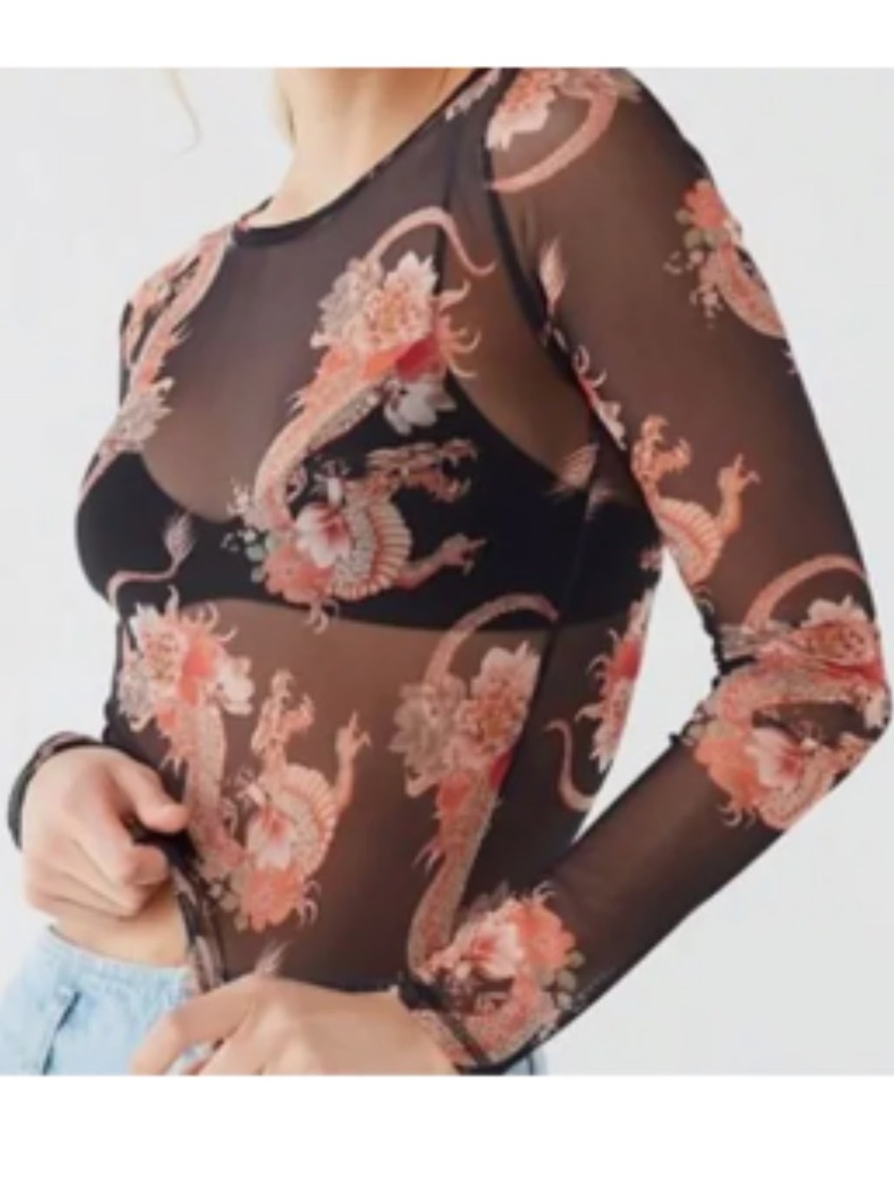 Urban Outfitters black sheer mesh dragon print long sleeve top size XS